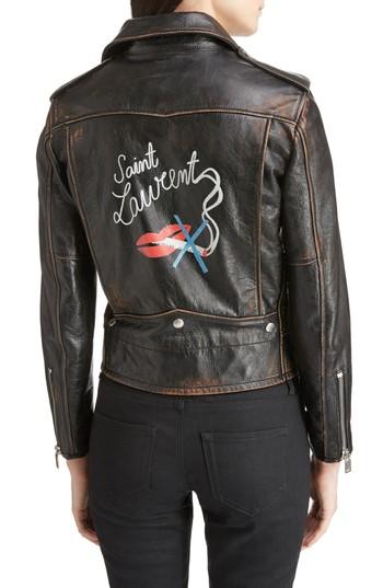 Women's Saint Laurent Back Logo Leather Biker Jacket Us / 36 Fr - Black
