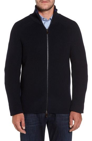 Men's David Donahue Shaker Stitch Wool Zip Cardigan - Blue