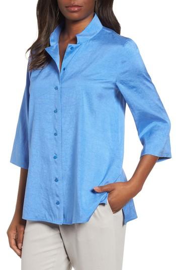 Women's Eileen Fisher Crinkled Satin Silk Shirt - Blue
