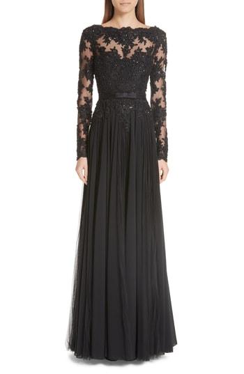 Women's Badgley Mischka Beaded Silk A-line Gown - Black