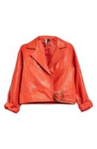 Women's Topshop Crop Leather Moto Jacket Us (fits Like 0) - Red