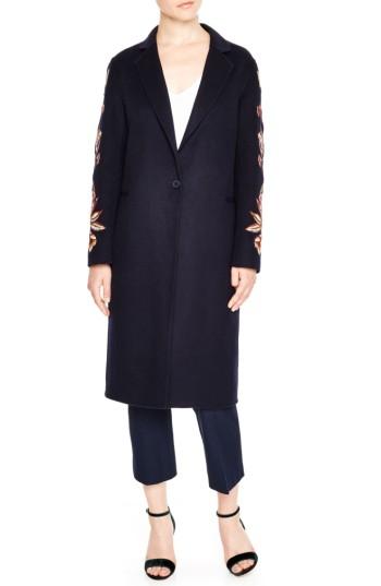 Women's Sandro Embroidered Long Wool Blend Coat