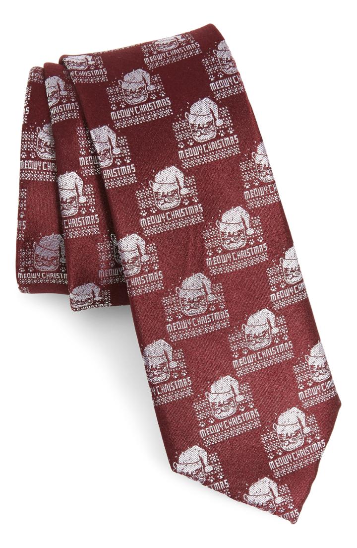 Men's 1901 Meowy Christmas Print Silk Tie, Size - Burgundy