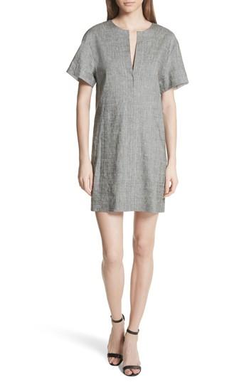 Women's Theory Split Neck Linen Blend Shift Dress, Size - Black