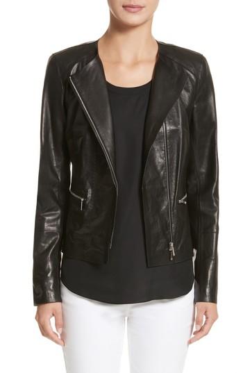 Women's Lafayette 148 New York Caridee Glazed Lambskin Leather Jacket - Black