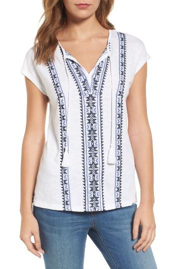 Petite Women's Caslon Embroidered Split Neck Tee P - White