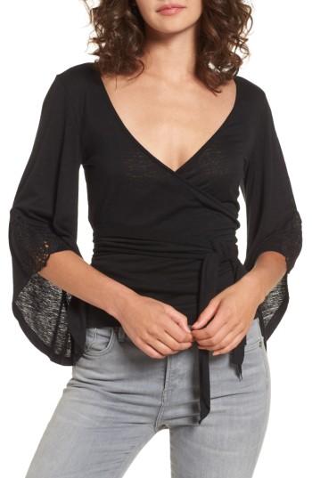 Women's Sun & Shadow Bell Sleeve Wrap Top - Black