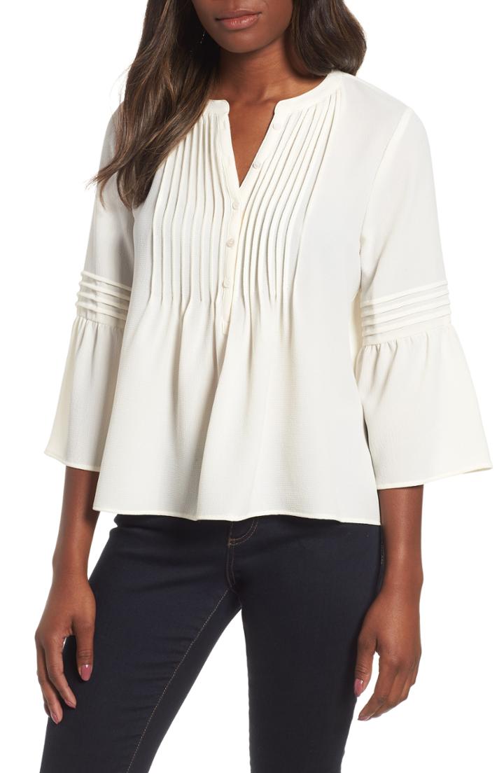 Women's Cece Ruffle Sleeve Pintuck Blouse, Size - Beige