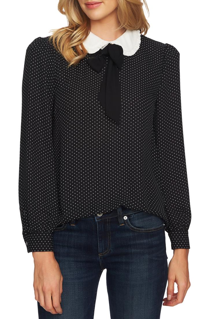 Women's Cece Refined Pin Dot Collared Tie Neck Blouse, Size - Black
