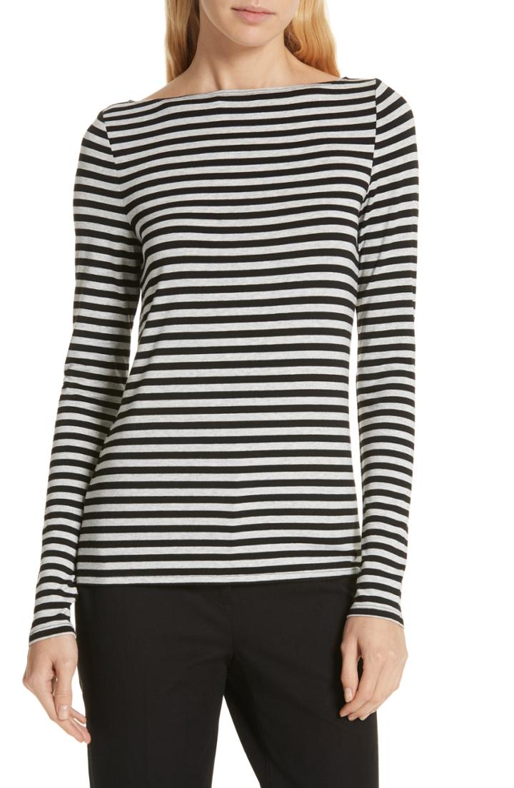 Women's Nordstrom Signature Stripe Bateau Neck Long Sleeve Tee - Grey