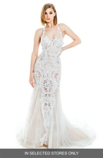 Women's Olia Zavozina Lena Beaded Lace Halter Gown, Size - Ivory