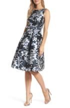 Petite Women's Eliza J Metallic Floral Belted Fit & Flare Dress P - Blue