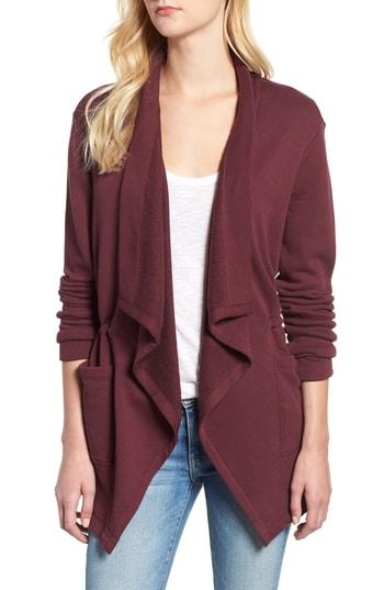 Petite Women's Caslon Asymmetrical Drape Collar Terry Jacket, Size P - Burgundy
