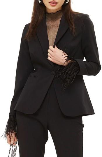 Women's Topshop Feather Trim Blazer Us (fits Like 6-8) - Black