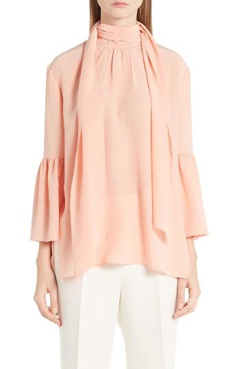 Women's Fendi Silk Bell Sleeve Tie Neck Blouse Us / 42 It - Coral