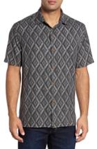 Men's Tommy Bahama Diamond Tiles Standard Fit Silk Blend Camp Shirt, Size - Black