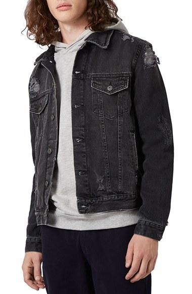 Men's Topman Distressed Denim Jacket - Black