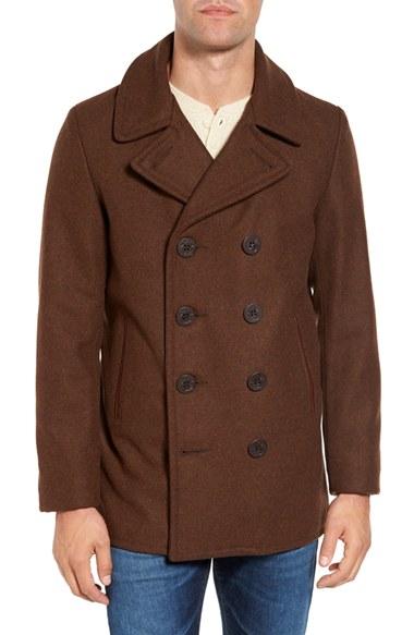 Men's Schott Nyc Slim Fit Wool Blend Peacoat, Size - Brown