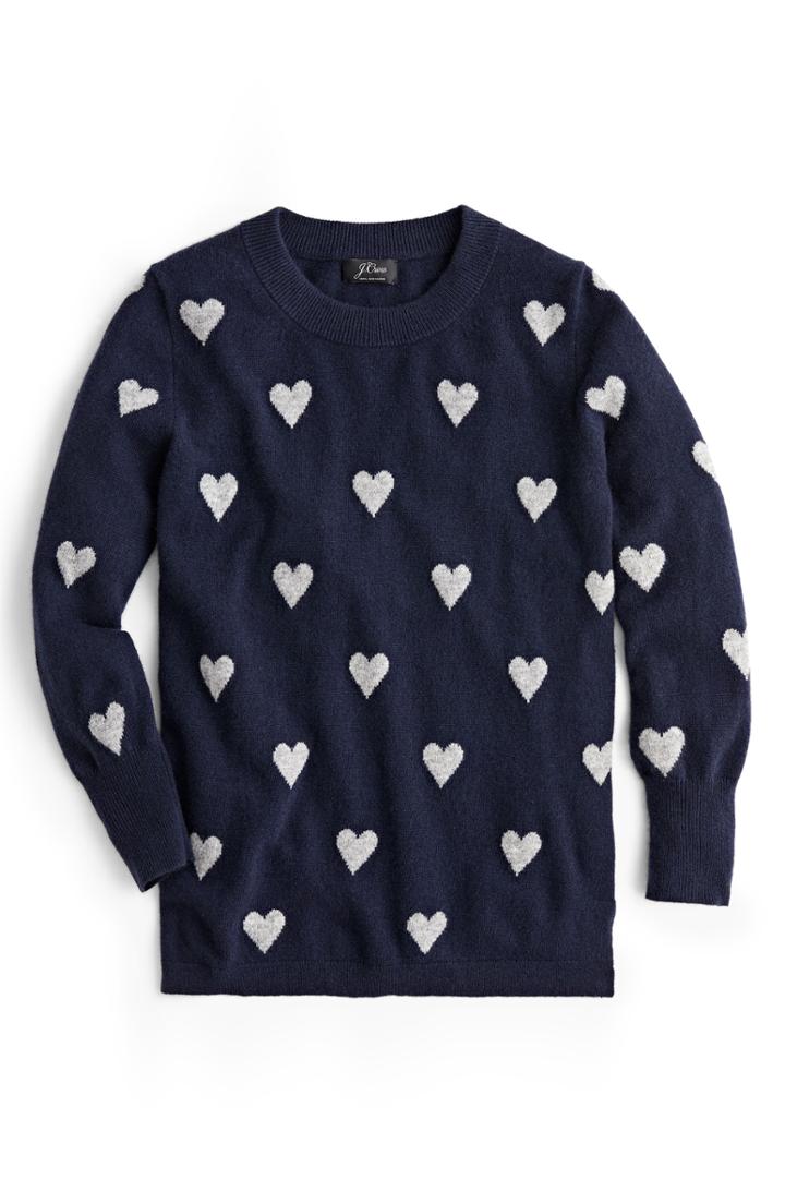 Women's J.crew Intarsia Hearts Everyday Cashmere Sweater - Blue