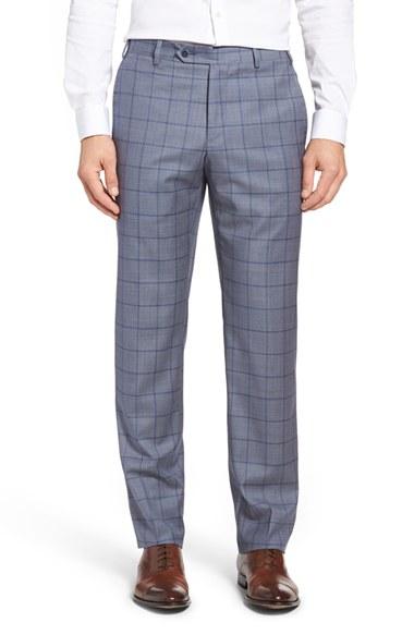 Men's Zanella Flat Front Windowpane Wool Trousers - Blue
