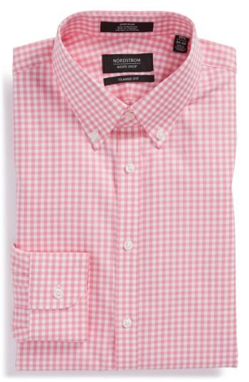 Men's Nordstrom Men's Shop Classic Fit Non-iron Gingham Dress Shirt - 34 - Pink (online Only)
