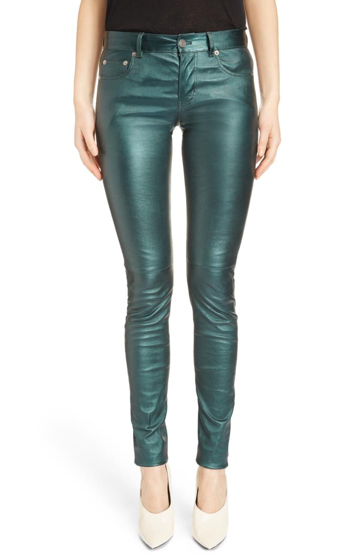 Women's Saint Laurent Metallic Leather Skinny Pants Us / 42 Fr - Green