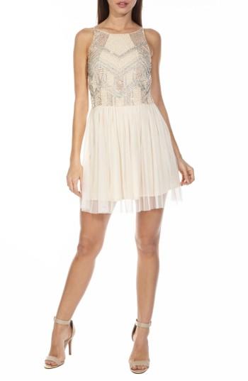Women's Lace & Beads Peach Embellished Skater Dress