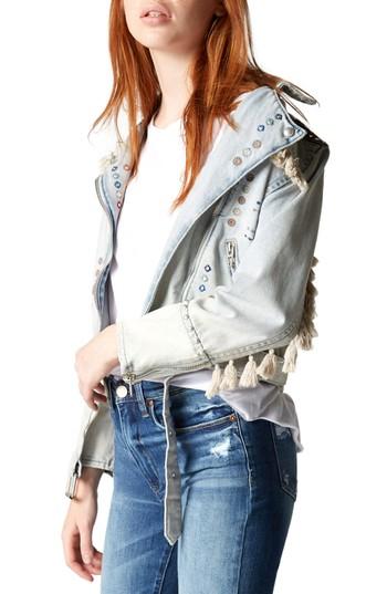 Women's Blanknyc Wind Tassel Trim Denim Jacket - Blue