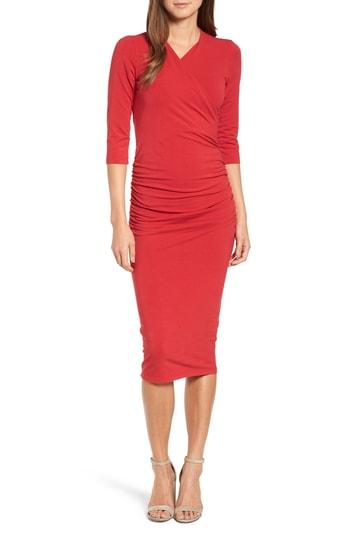 Women's Michael Stars Ruched Surplice Stretch Cotton Body-con Dress - Red