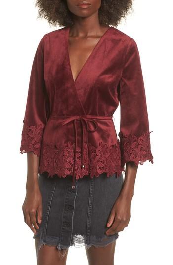 Women's Moon River Lace Hem Velvet Wrap Top - Burgundy