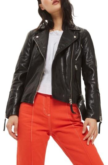Women's Topshop Basil Belted Leather Biker Jacket Us (fits Like 2-4) - Black