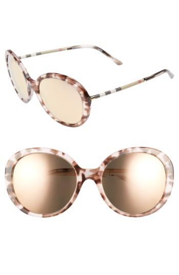 Women's Burberry 57mm Check Temple Mirrored Round Frame Sunglasses - Dark Tortoise