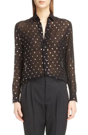 Women's Saint Laurent Glitter Dot Georgette Blouse Us / 38 Fr - Black