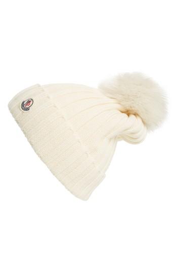 Women's Moncler Genuine Fox Fur Pom Wool Beanie - White