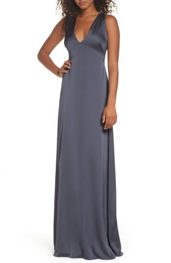 Women's Monique Lhuillier Bridesmaids Dasha Tie Back Sateen Gown - Grey