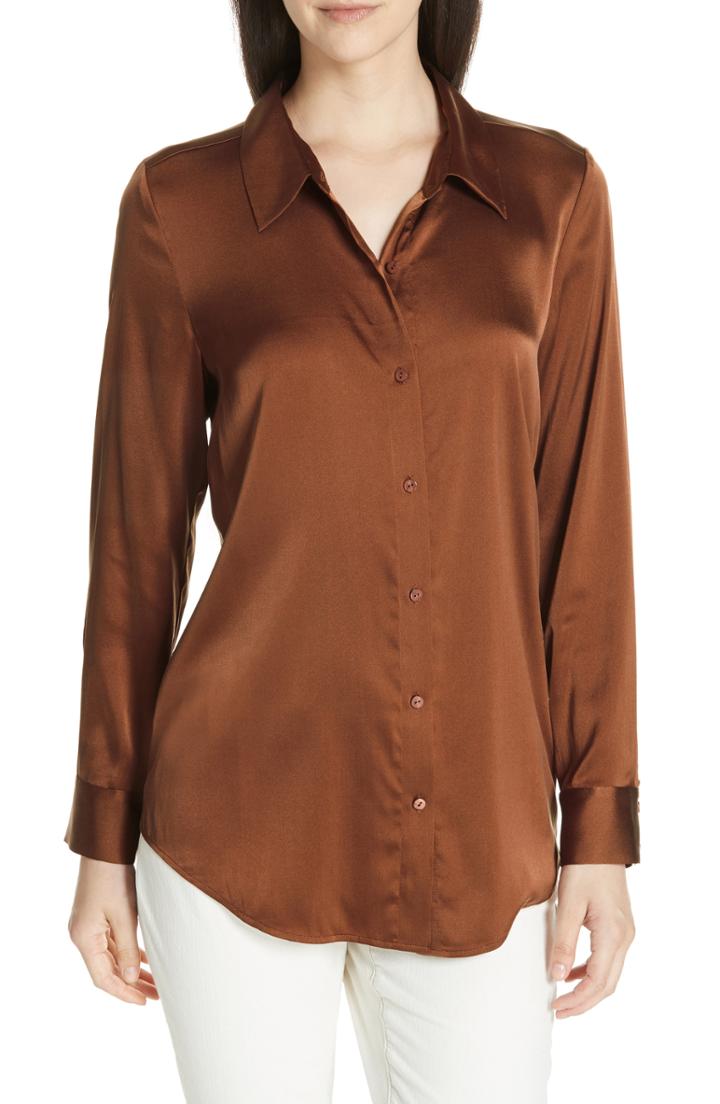 Women's Eileen Fisher Stretch Silk Shirt, Size - Brown