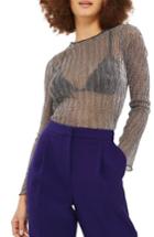 Women's Topshop Chainmail Lettuce Edge Sheer Top Us (fits Like 6-8) - Metallic