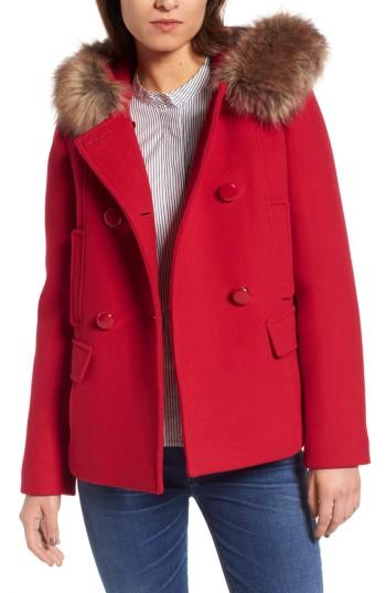 Women's Kate Spade New York Faux Fur Trim Hooded Peacoat - Red