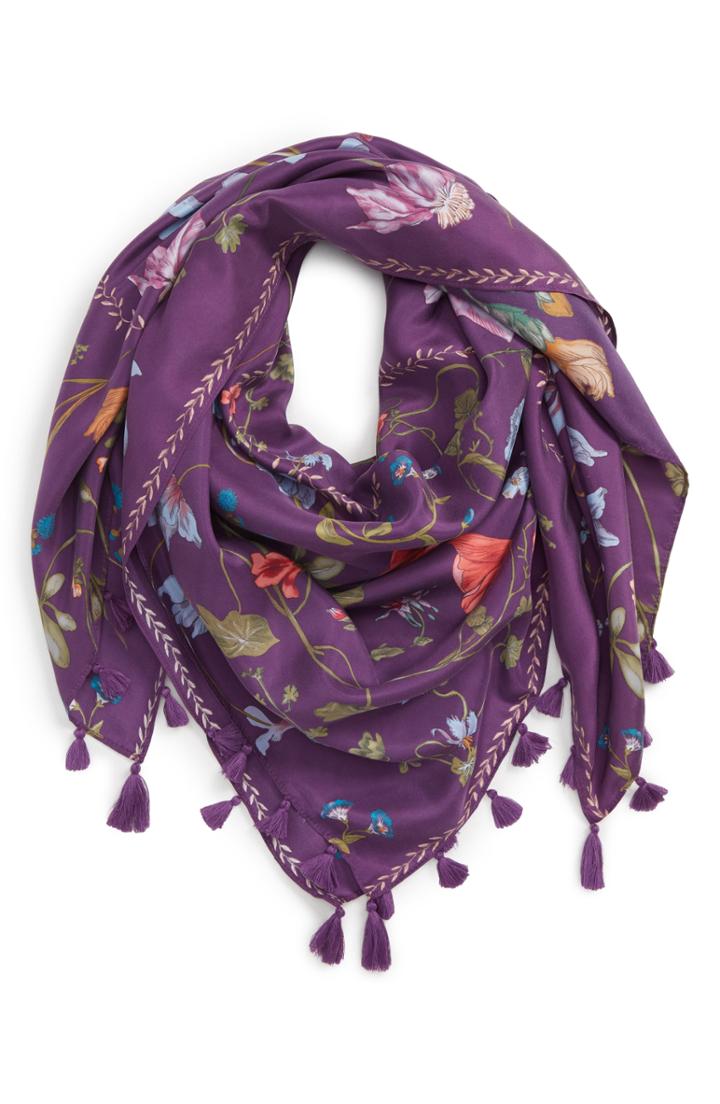 Women's Treasure & Bond Floral Print Tassel Silk Scarf, Size - Purple