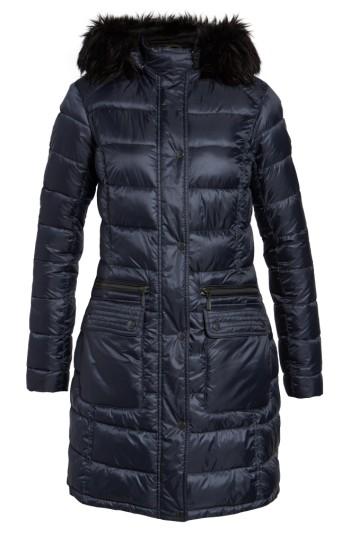 Women's Barbour Dunnet Water Resistant Hooded Quilted Coat With Faux Fur Trim Us / 12 Uk - Blue
