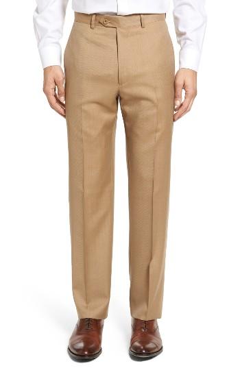 Men's Santorelli Flat Front Twill Wool Trousers - Beige