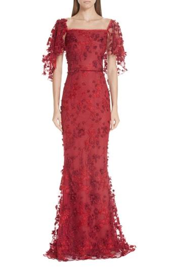Women's Marchesa Notte Flutter Sleeve Embroidered Column Gown - Red