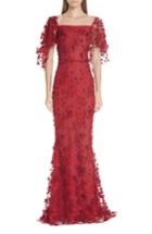 Women's Marchesa Notte Flutter Sleeve Embroidered Column Gown - Red