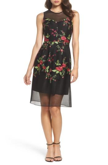 Women's Forest Lily Embroidered Fit & Flare Dress - Black