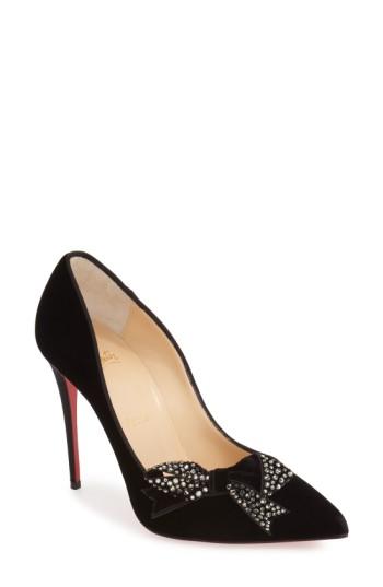 Women's Christian Louboutin 'madame Menule' Embellished Bow Pointy Toe Pump Us / 42eu - Black