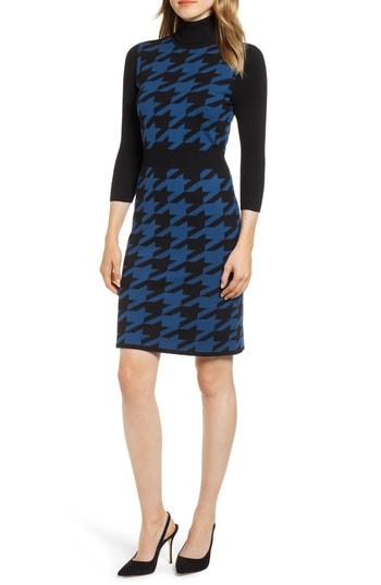 Women's Anne Klein Turtleneck Houndstooth Sweater Dress - Blue