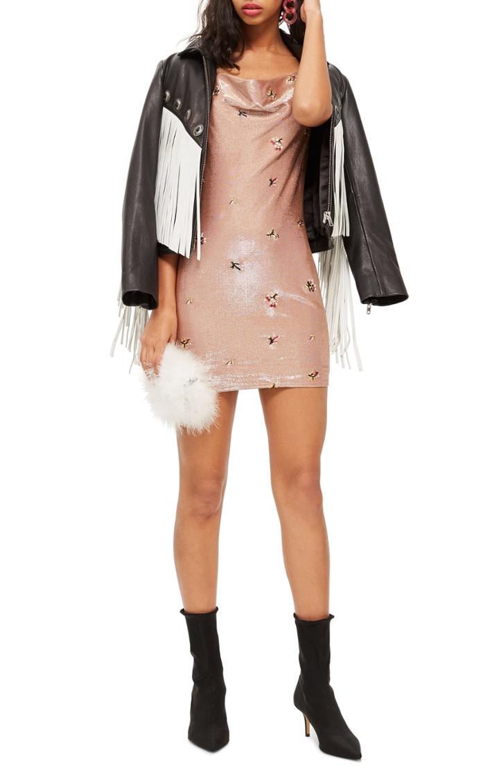 Women's Topshop Embroidered Cowl Neck Dress Us (fits Like 16-18) - Metallic