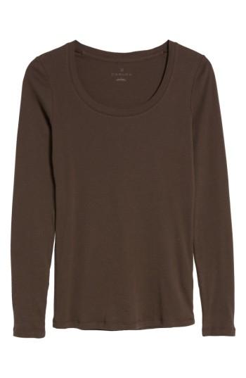 Petite Women's Caslon 'melody' Long Sleeve Scoop Neck Tee P - Brown