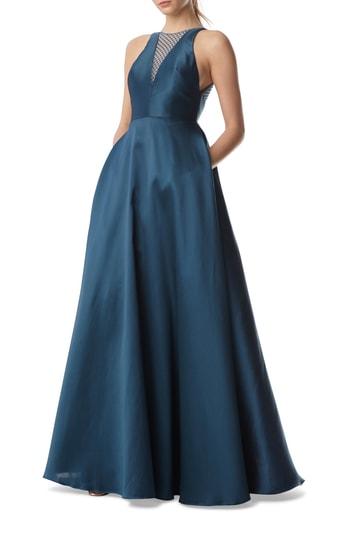Women's Ml Monique Lhuillier Mesh Inset Ball Gown - Blue/green
