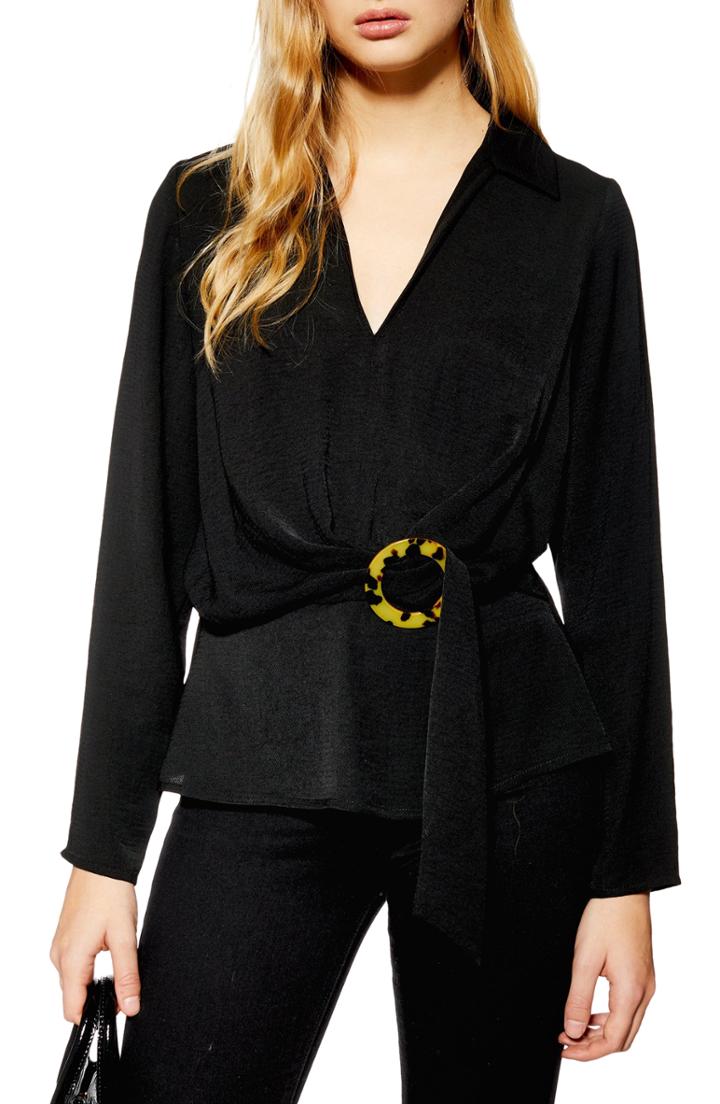 Women's Topshop Horn Buckle Collar Blouse Us (fits Like 0) - Black